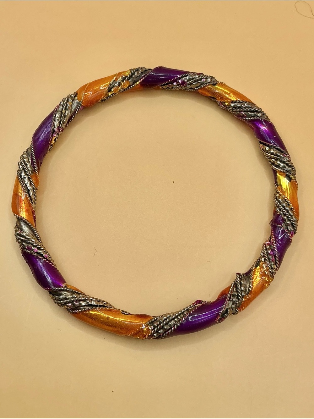 Vintage Multicolor Enamel & Braided Metal Bangle Bracelet Purple Orange